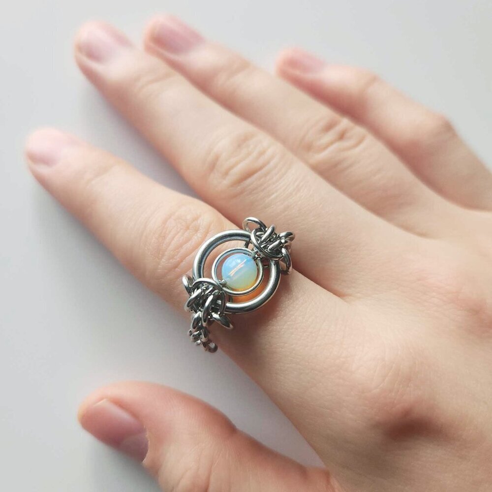 Opalite big medieval chain-link silver ring ✦ size 9 ✦